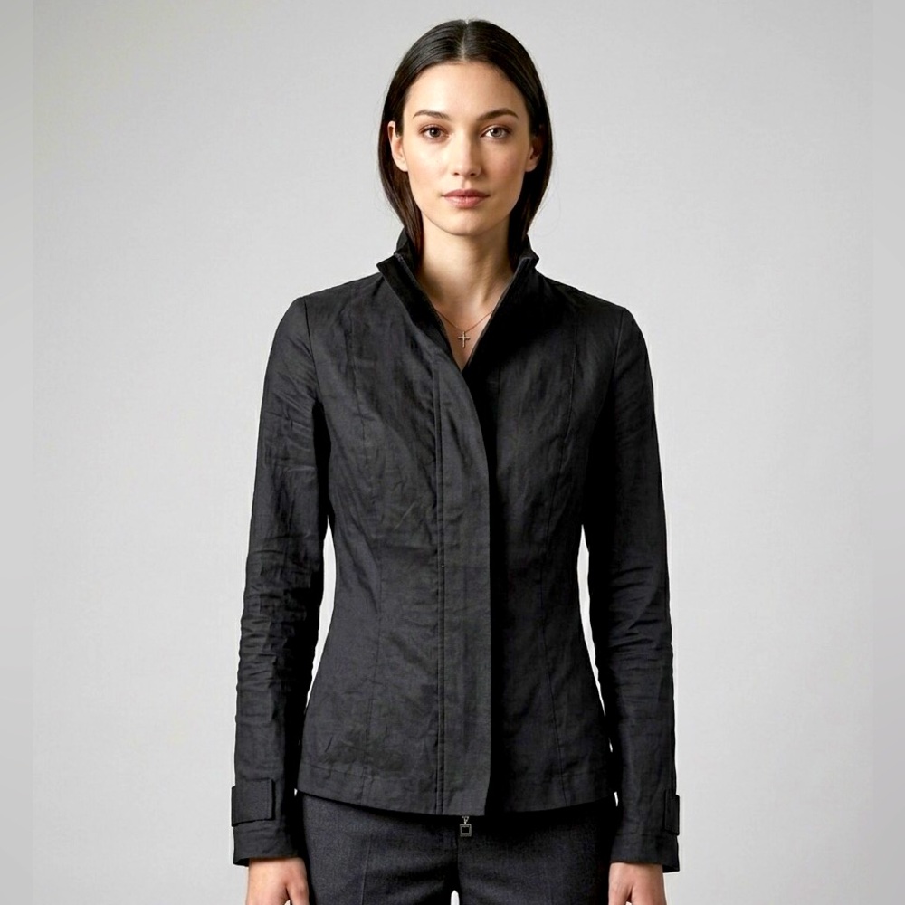 Sarah Pacini Stretch Linen Zip Up Mock Neck Lightweight Jacket Size 1 (Small)